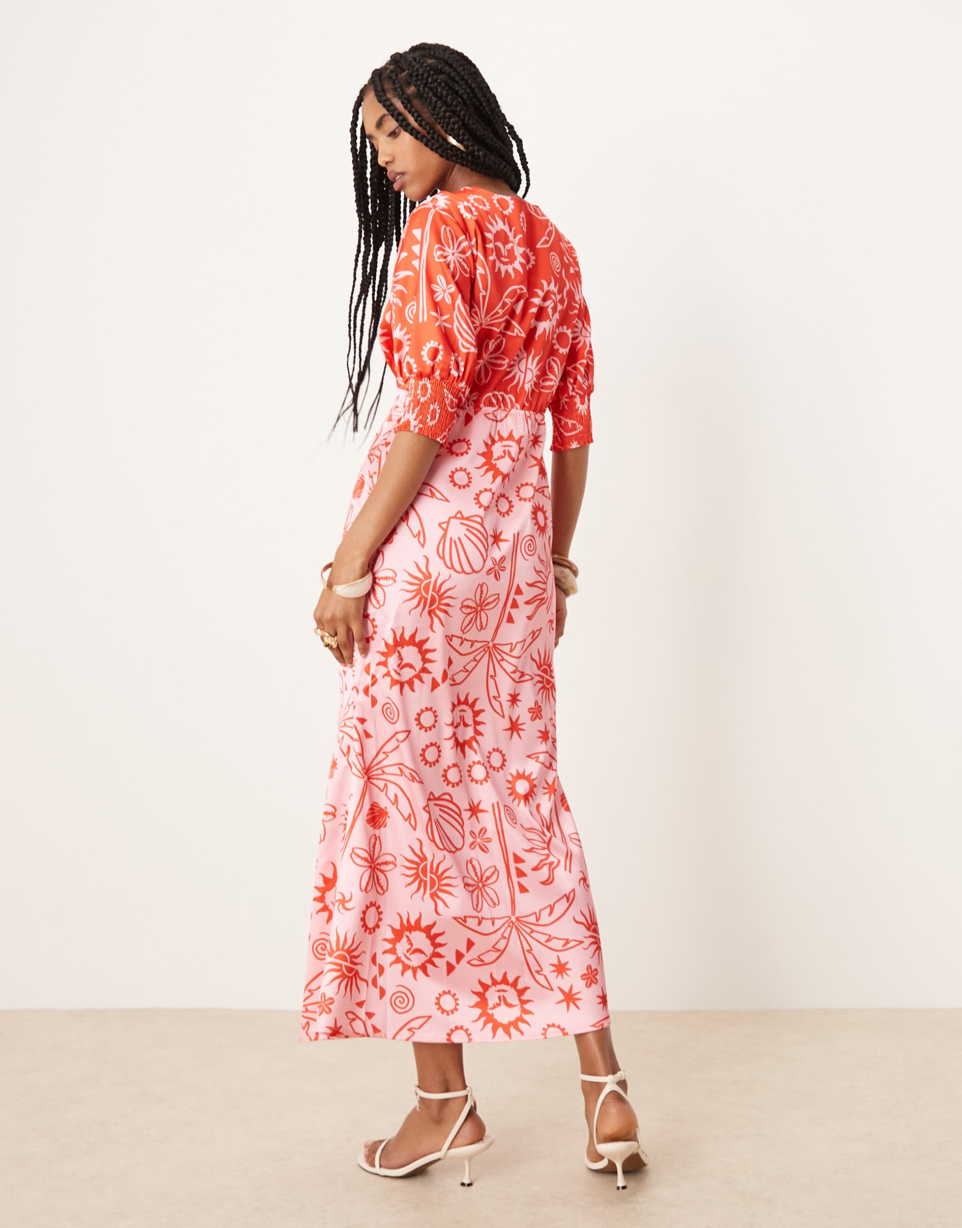 never fully dressed palm print contrast midaxi dress in red and pink