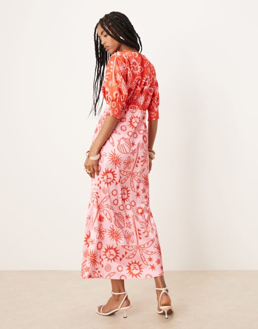 Never Fully Dressed palm print contrast midaxi dress in red and pink, 2 of 4
