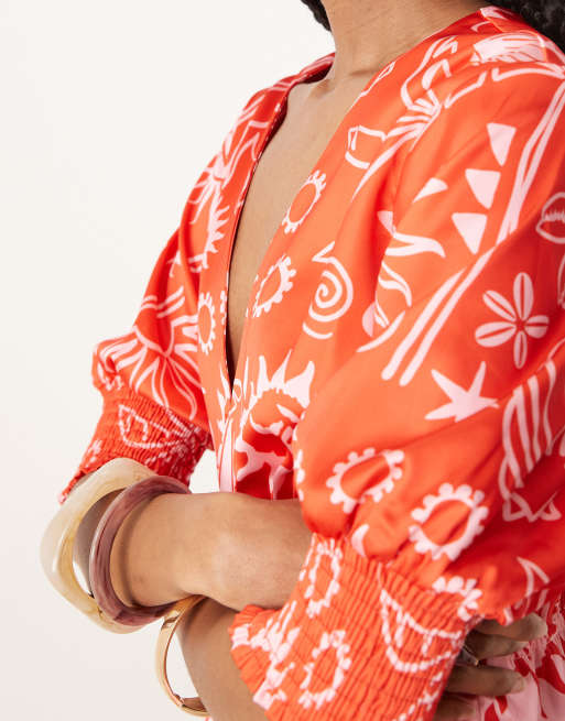 Never Fully Dressed palm print contrast midaxi dress in red and pink, 3 of 4