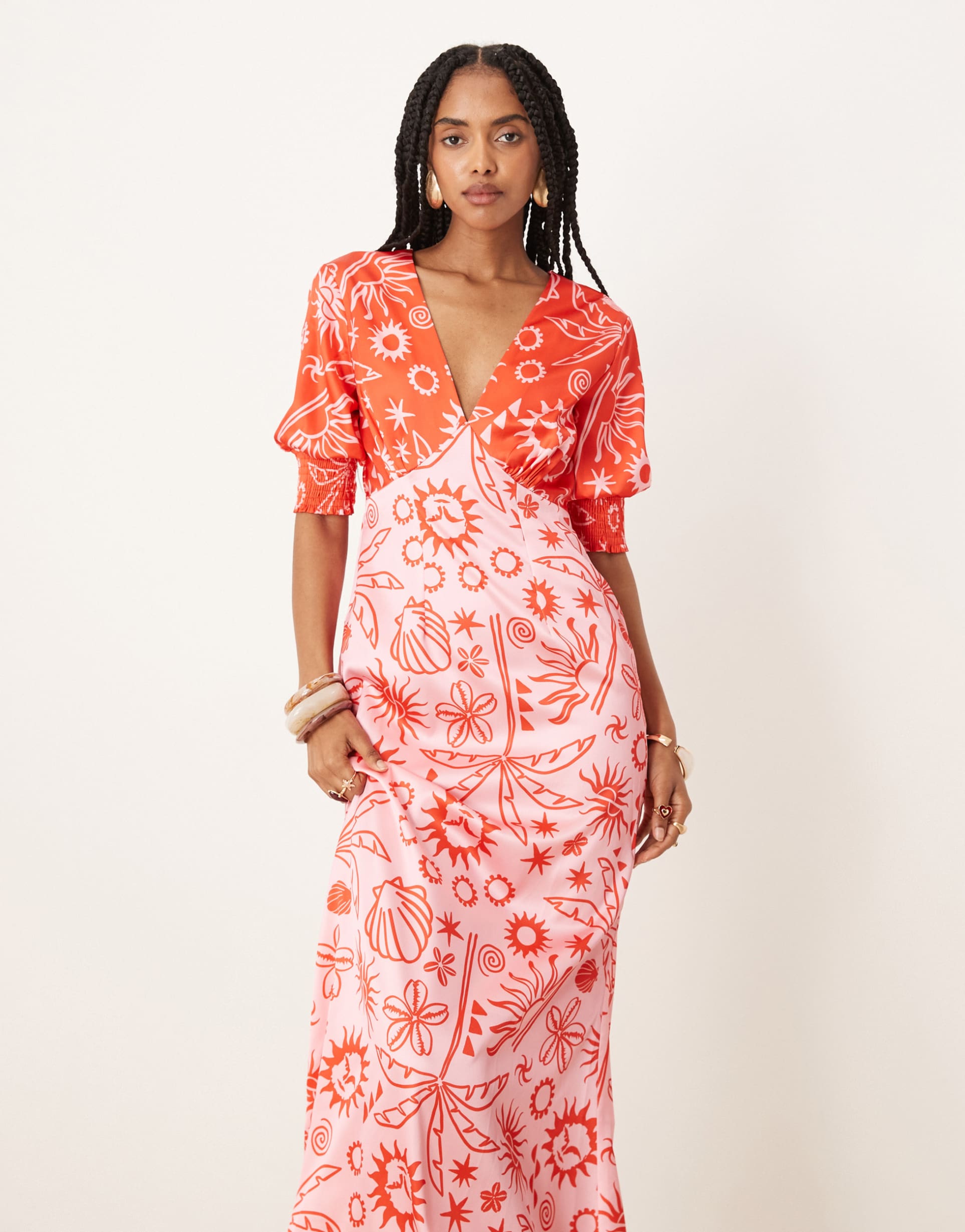never fully dressed palm print contrast midaxi dress in red and pink