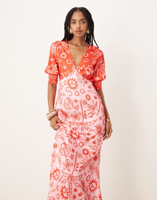 Never Fully Dressed palm print contrast midaxi dress in red and pink, 4 of 4
