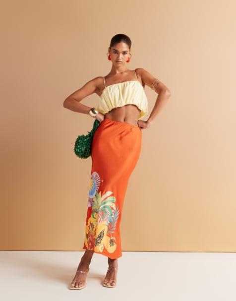Never Fully Dressed palm satin midaxi skirt in orange (Part of a set) - view 1