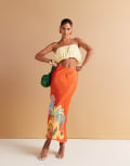 [Never Fully Dressed] Never Fully Dressed palm satin midaxi skirt in orange (Part of a set) 16 ORANGE