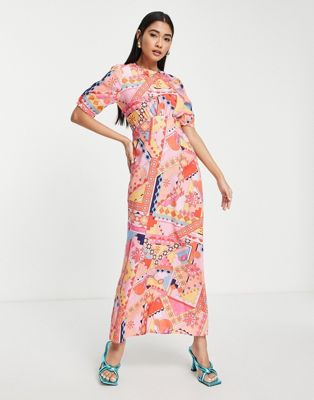 Never Fully Dressed Patchwork Princess  midi dress in pink multi