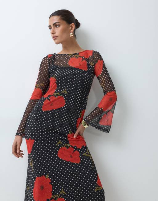 Never Fully Dressed Petite Aria long sleeved mesh maxi dress in black polka dot poppy print, 2 of 5