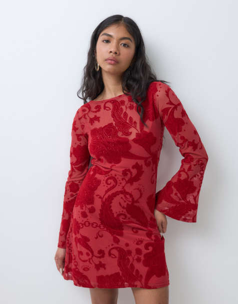 Never Fully Dressed Petite Aria mesh devoure mini dress in red