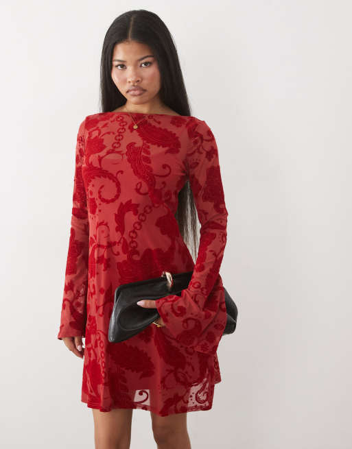 Never Fully Dressed Petite Aria mesh devoure mini dress in red, 2 of 4