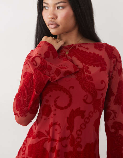 Never Fully Dressed Petite Aria mesh devoure mini dress in red, 3 of 4