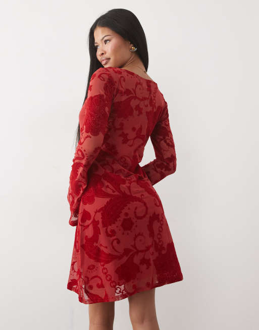 Never Fully Dressed Petite Aria mesh devoure mini dress in red, 4 of 4