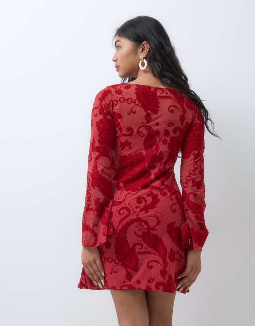 Never Fully Dressed Petite Aria mesh devoure mini dress in red, 5 of 5