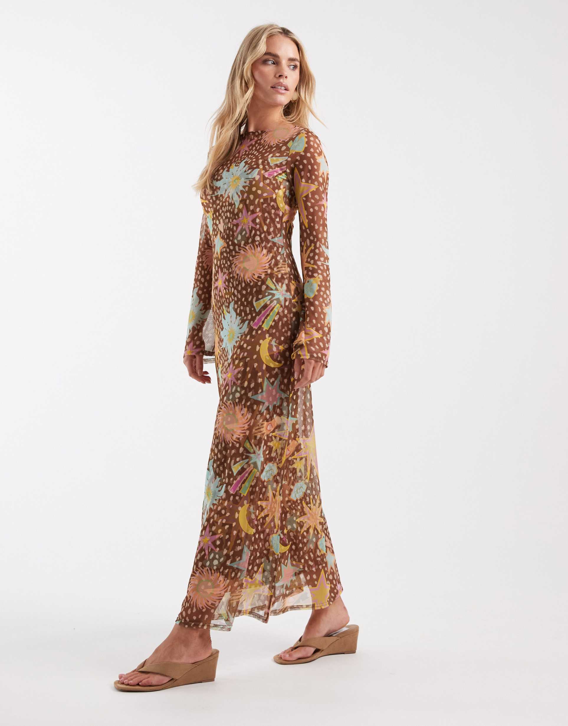 never fully dressed petite aria mesh maxi dress in brown deer star print