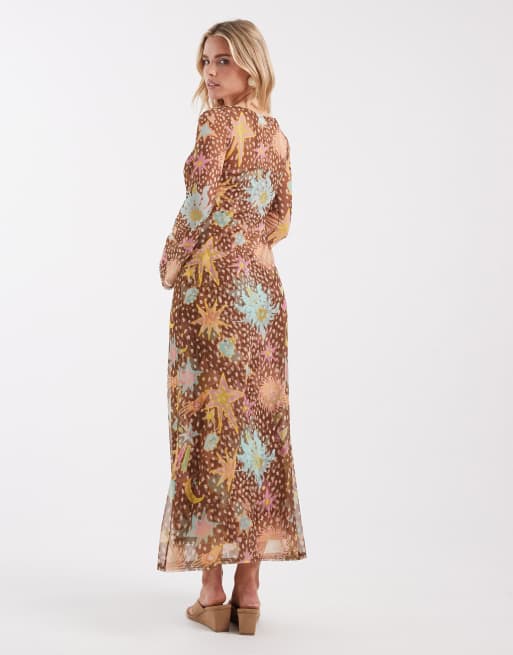 Never Fully Dressed Petite Aria mesh maxi dress in brown deer star print , 2 of 4