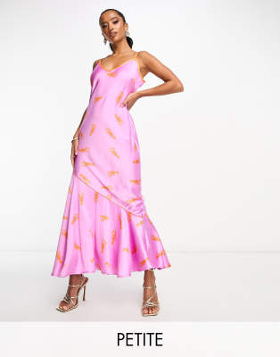Petite asymmetric contrast satin slip dress in lilac lobster-Purple