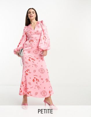 Never Fully Dressed Petite balloon sleeve maxi dress in pink la mer print