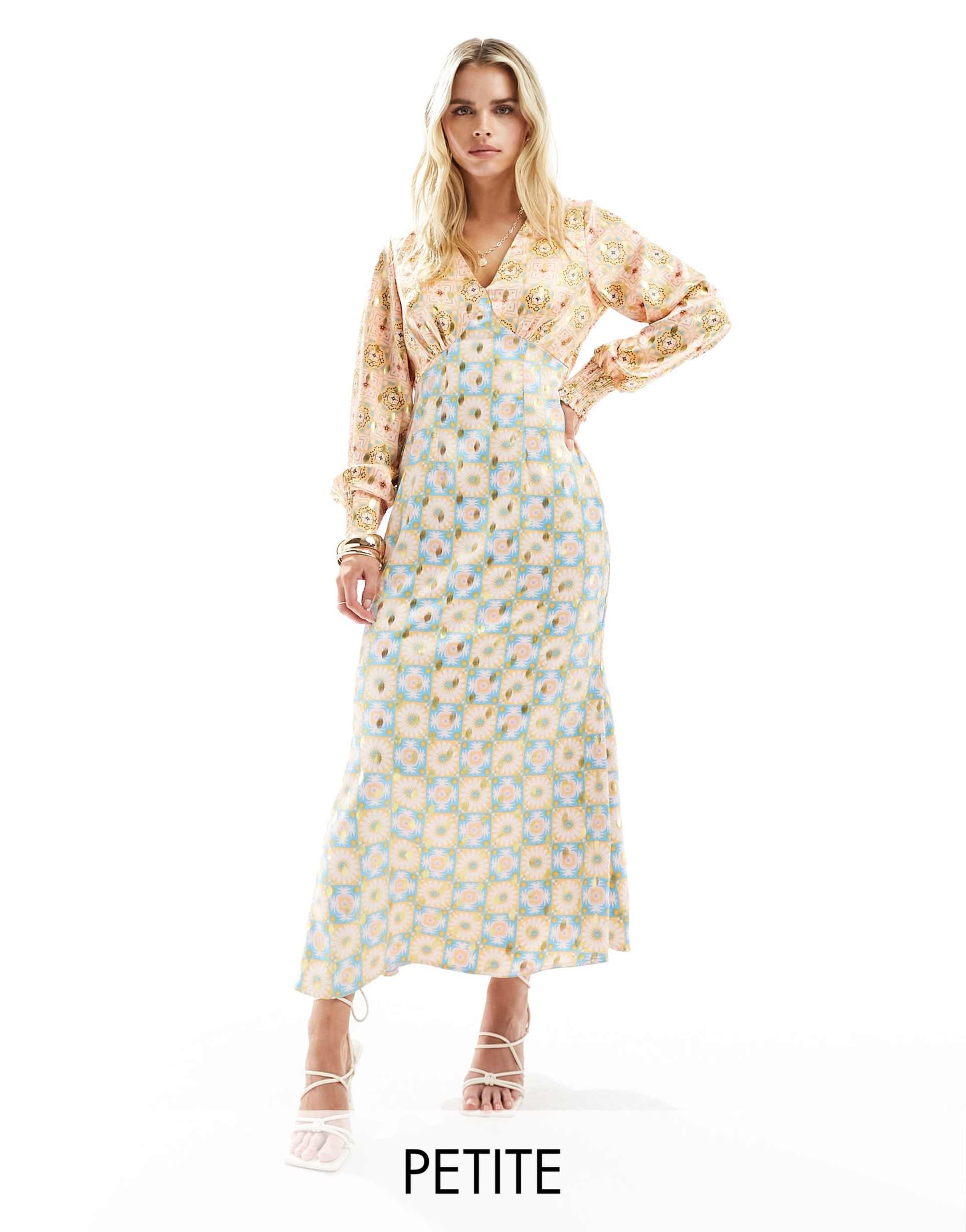 never fully dressed petite balloon sleeve metallic maxi dress in contrast print