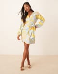 [Never Fully Dressed] Never Fully Dressed Petite balloon sleeve metallic mini dress in sun print-Multi 10 Multi-colour print