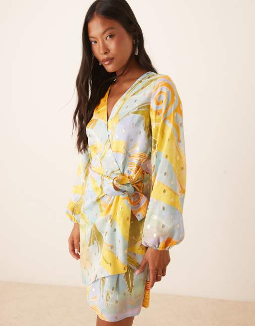 Never Fully Dressed Petite balloon sleeve metallic mini dress in sun print, 3 of 4