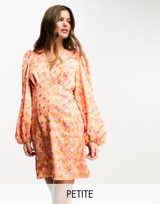 Never Fully Dressed Petite balloon sleeve mini dress in ombre shell print-Orange