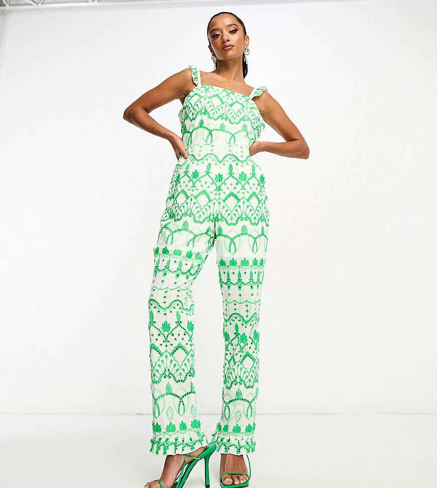 Never Fully Dressed Petite broderie jumpsuit in green