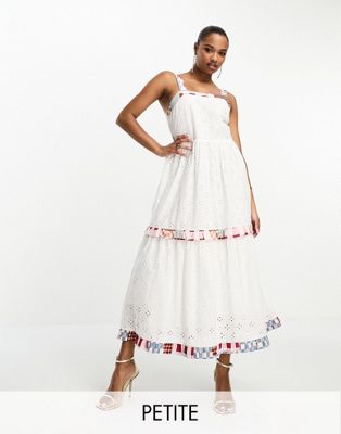 Never Fully Dressed Petite contrast check broderie midaxi dress in ivory - ASOS Price Checker