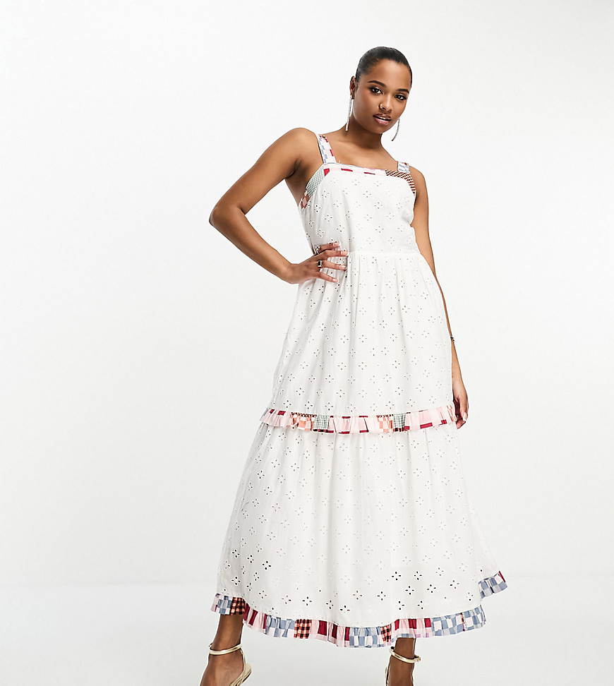 Never Fully Dressed Petite contrast check broderie midaxi dress in ivory-White