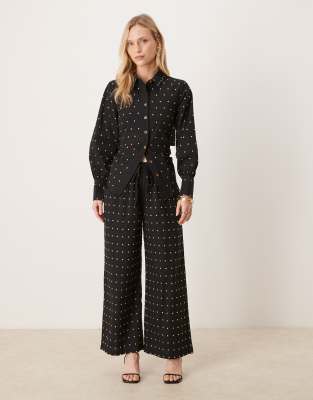 Never Fully Dressed Petite cotton hotfix shirt and wide leg pants set in black