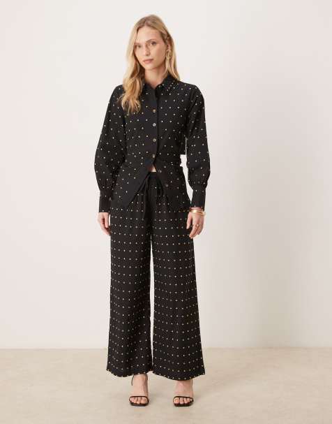 Never Fully Dressed Petite cotton hotfix shirt and wide leg trouser co-ord in black - view 1