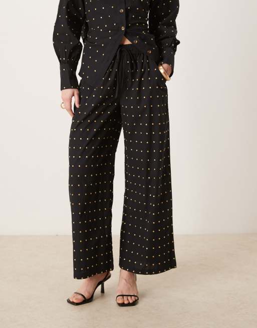 Never Fully Dressed Petite cotton hotfix wide leg trousers in black, 2 of 5