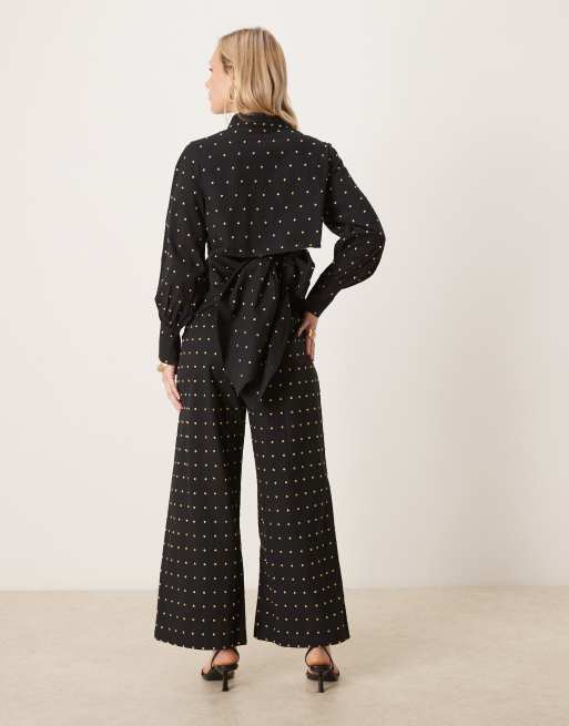 Never Fully Dressed Petite cotton hotfix wide leg trousers in black, 3 of 5