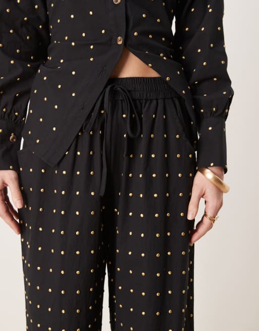 Never Fully Dressed Petite cotton hotfix wide leg trousers in black, 4 of 5