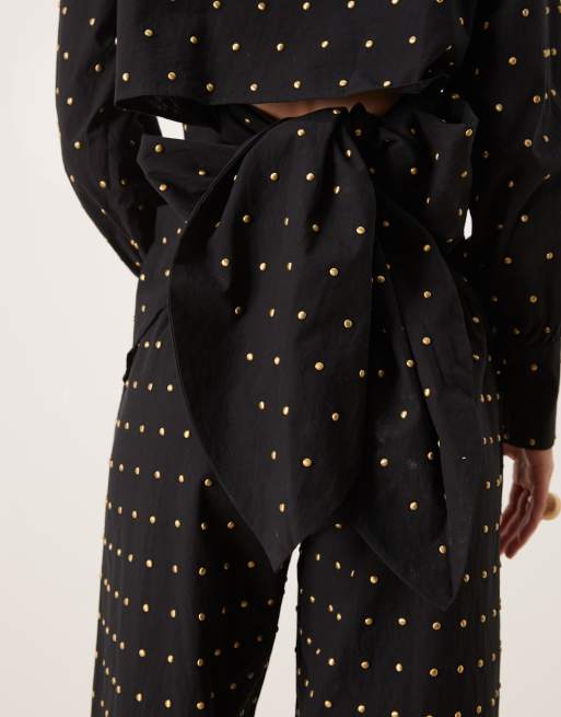 Never Fully Dressed Petite cotton hotfix wide leg trousers in black, 5 of 5