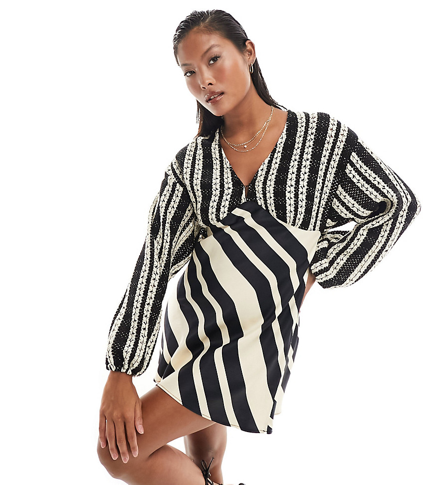 Never Fully Dressed Petite crochet balloon sleeve mini dress in monochrome stripe-Black