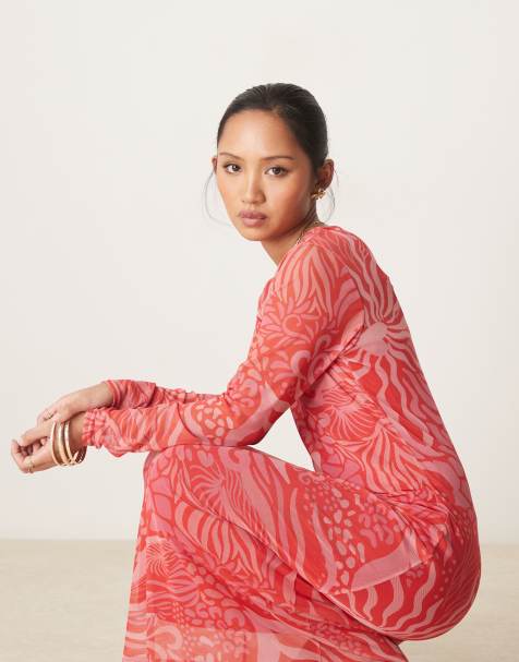 Never Fully Dressed Petite long sleeve mesh midaxi dress in red and pink