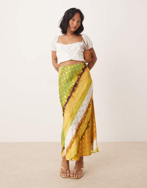 Never Fully Dressed Petite Dorris satin gold fleck maxi skirt in green print