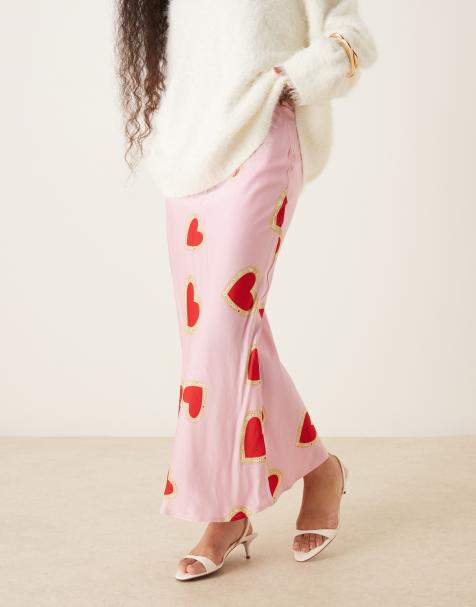 Never Fully Dressed Petite Dorris satin maxi slip skirt in pink/heart print - view 1