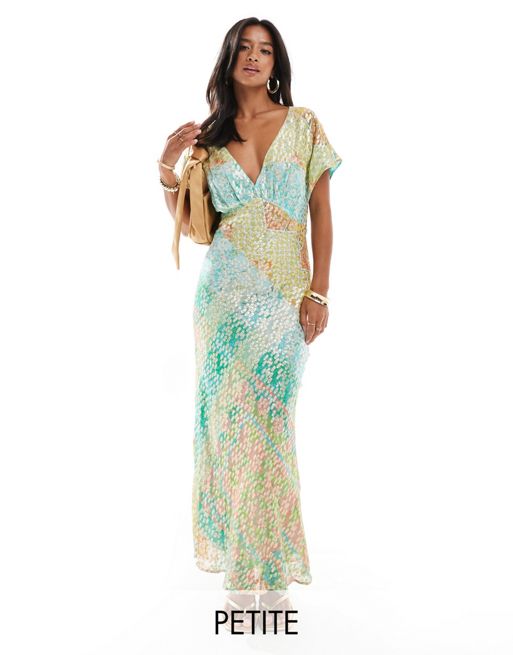 Never Fully Dressed Petite Elodie flutter sleeve satin maxi dress in ombre print