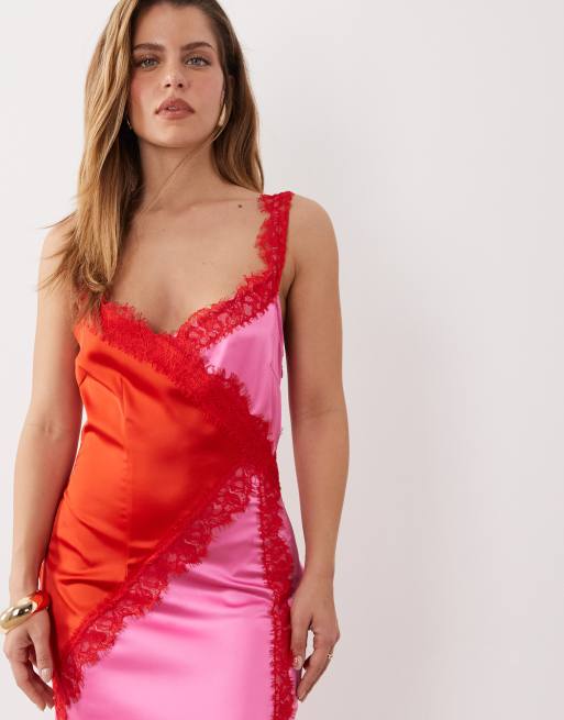 Never Fully Dressed Petite Elowen satin and lace trim cami midaxi dress in red and pink, 2 of 4