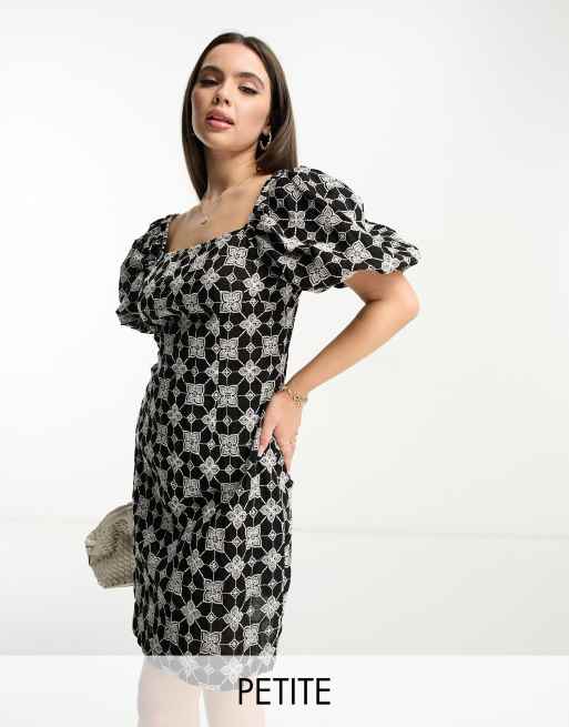 Never Fully Dressed Petite eyelet bardot mini dress in monochrome print