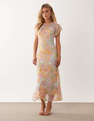 Never Fully Dressed Petite Frida mesh frill sleeve maxi dress in pastel print multi 33990₽