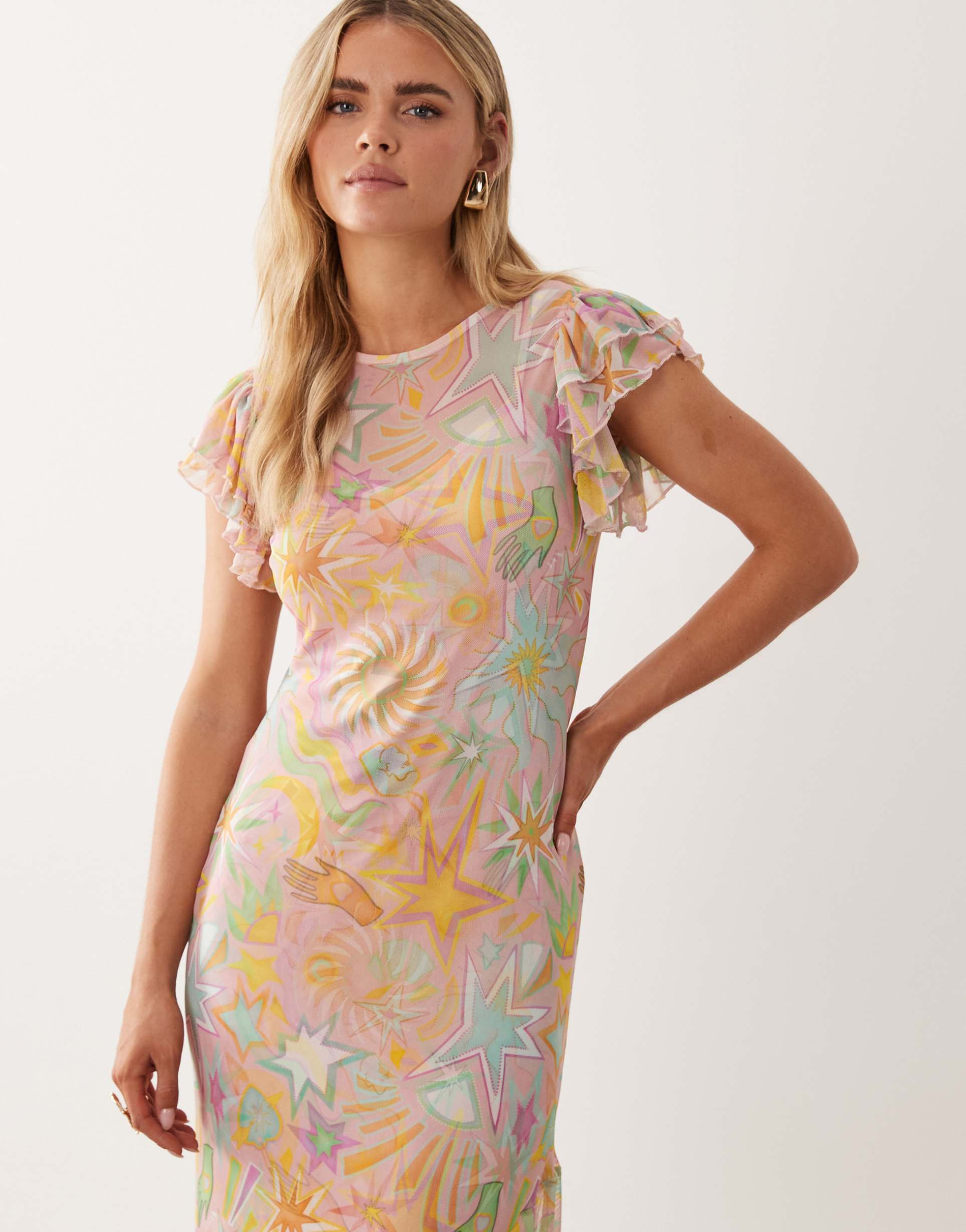 never fully dressed petite frida mesh midaxi dress in pastel dreamer print