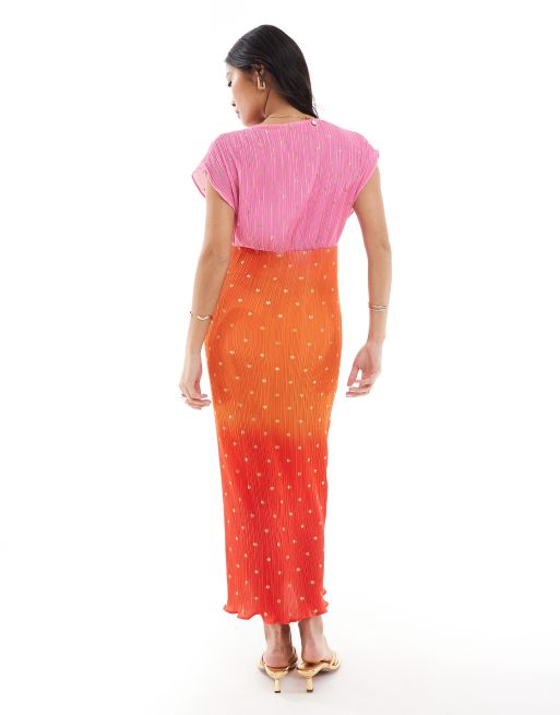 Never Fully Dressed Petite gold fleck plisse midaxi dress in sunset ombre, 3 of 4