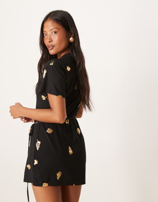 Never Fully Dressed Petite gold shell mini dress in black, 4 of 4