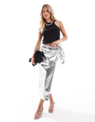 Never Fully Dressed Petite Jaspre Pu Midi Skirt In Silver