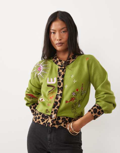 Never Fully Dressed Petite knitted contrast embroidered cardigan in olive - view 1