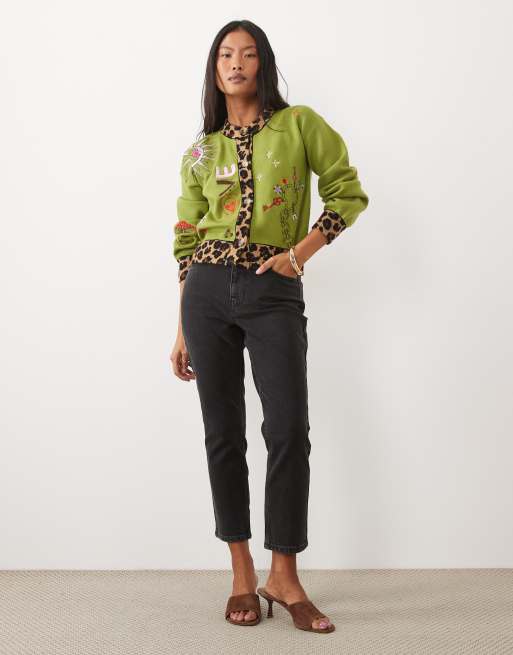 Never Fully Dressed Petite knitted contrast embroidered cardigan in olive, 3 of 4