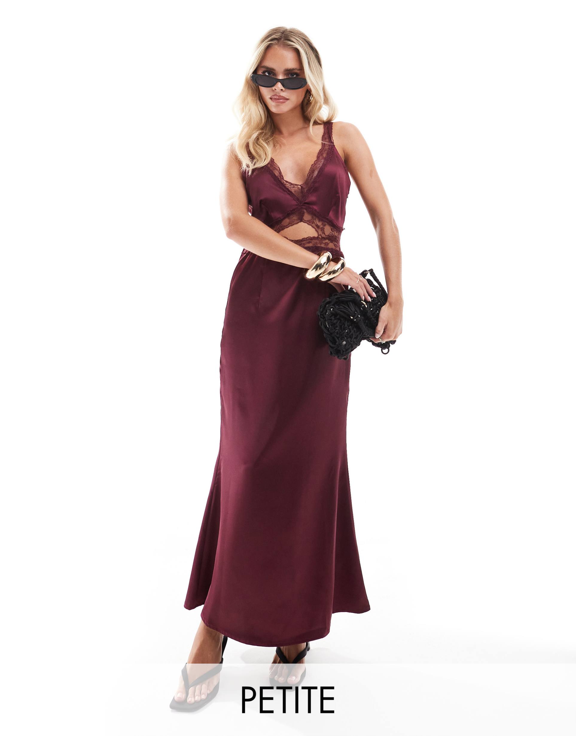 never fully dressed petite lace cut-out slip maxi dress in burgundy