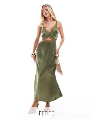 Never Fully Dressed Never Fully Dressed Petite lace cut-out slip midaxi dress in soft olive-Green