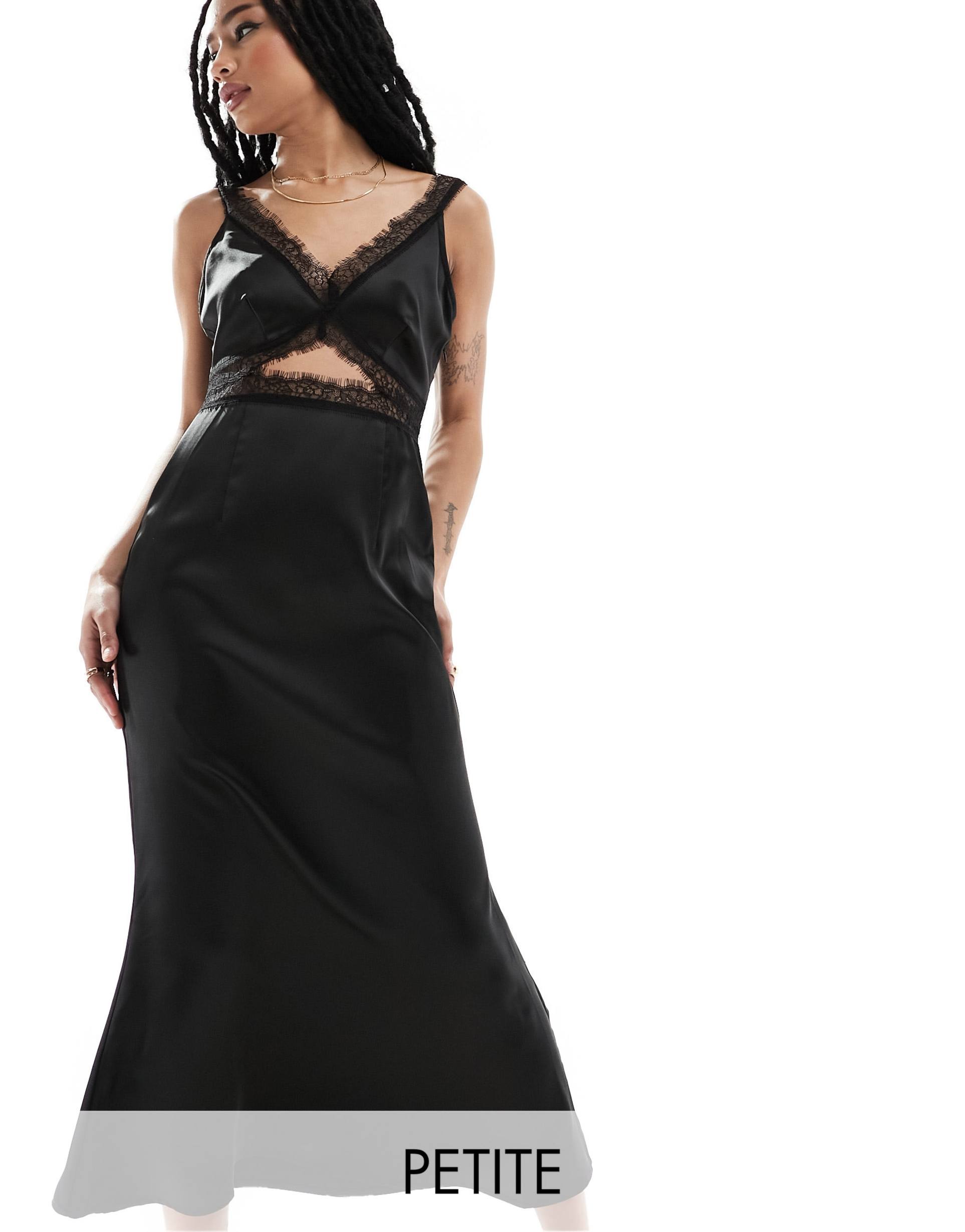 never fully dressed petite lace satin maxi dress in black