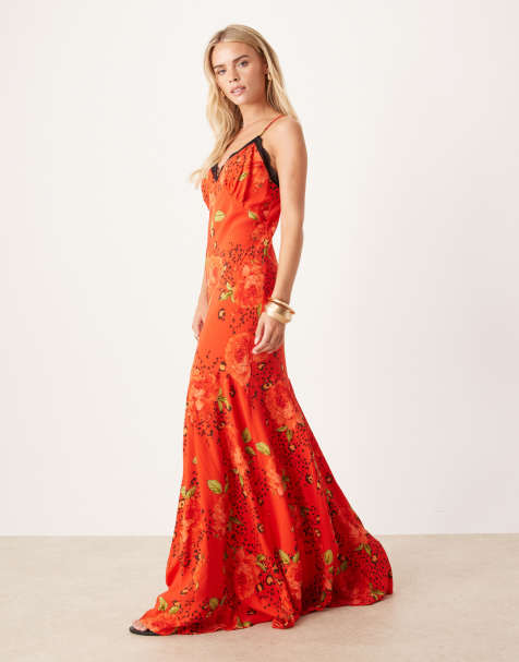 Never Fully Dressed Petite lace trim slip maxi dress in red rose print - view 1