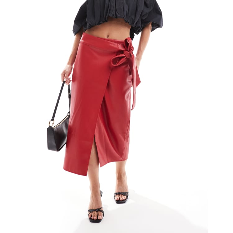 Red midi skirt leather sales